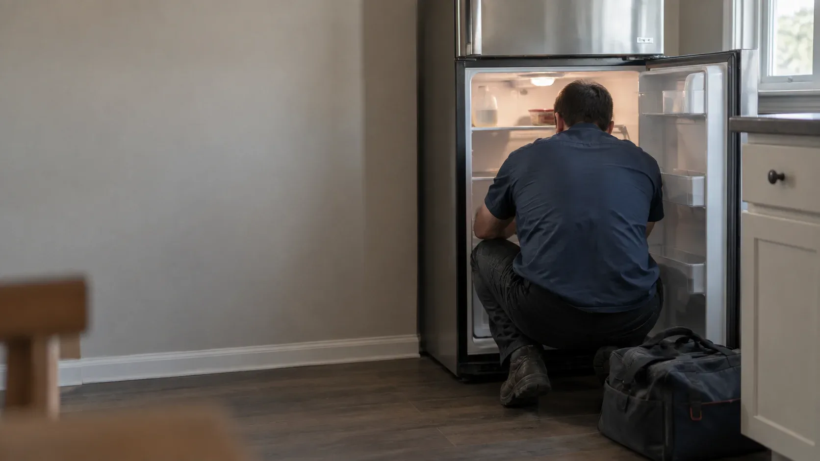 Appliance repair technician working inside an open refrigerator