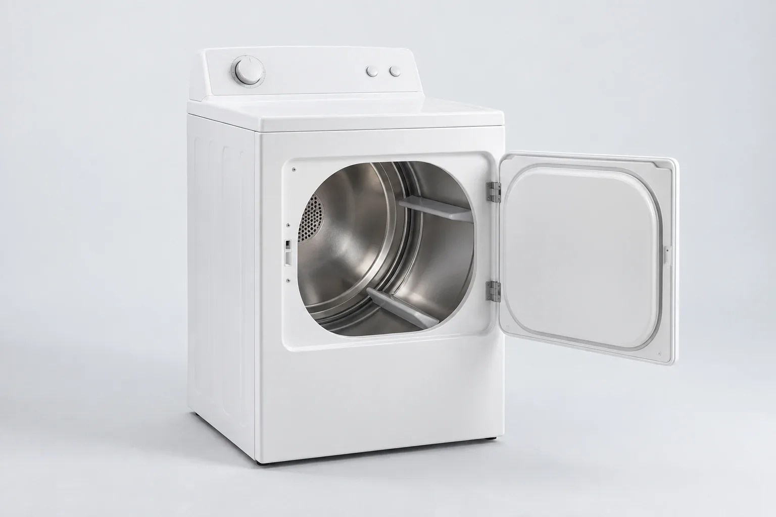 White electric clothes dryer with an open door and stainless steel drum