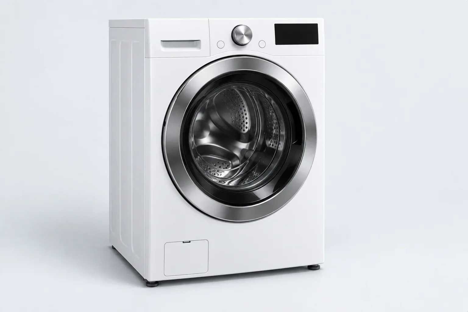 White front-load washing machine with a stainless steel drum