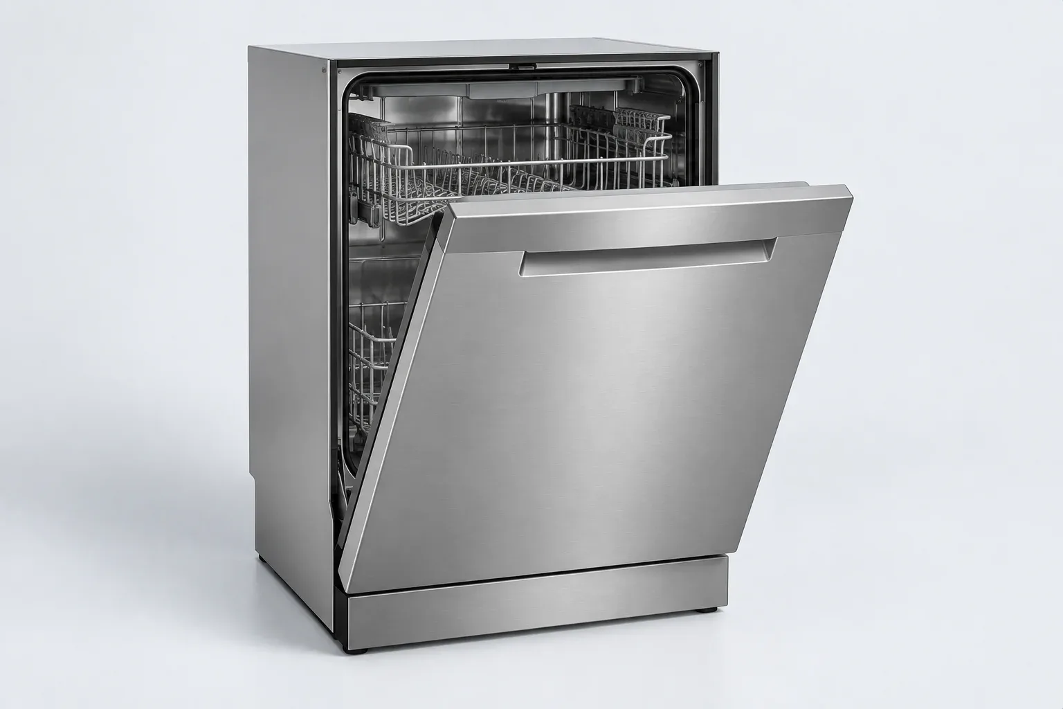 Stainless steel dishwasher with the door open and empty racks inside