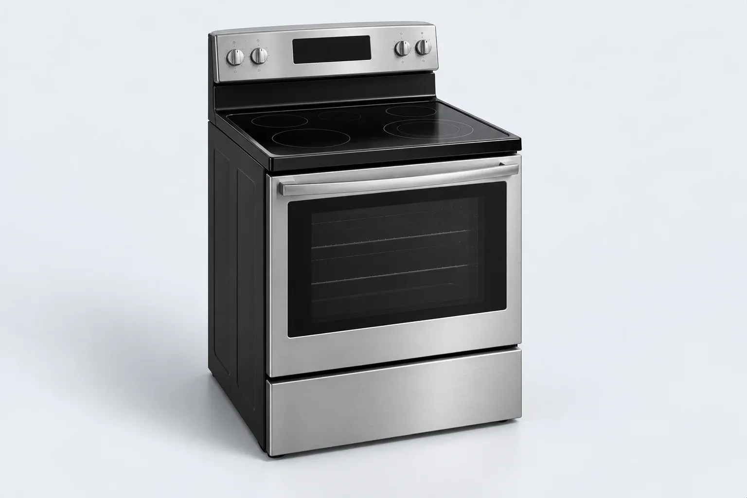 Stainless steel electric range with a black glass cooktop and oven