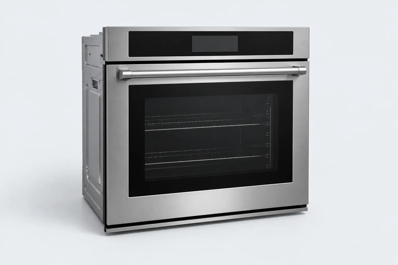 Stainless steel built-in wall oven with a black glass door