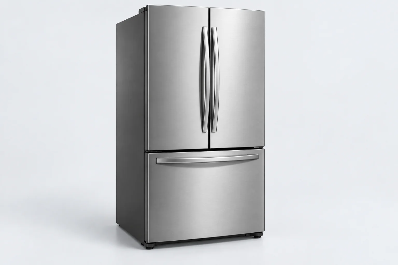 Stainless steel French door refrigerator with a bottom freezer drawer
